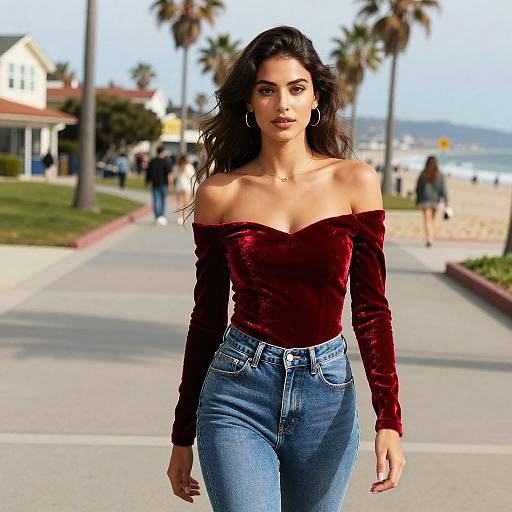 Photograph of a confident young woman with long dark hair, wearing a red velvet off-shoulder top and high-waisted blue jeans, walking
