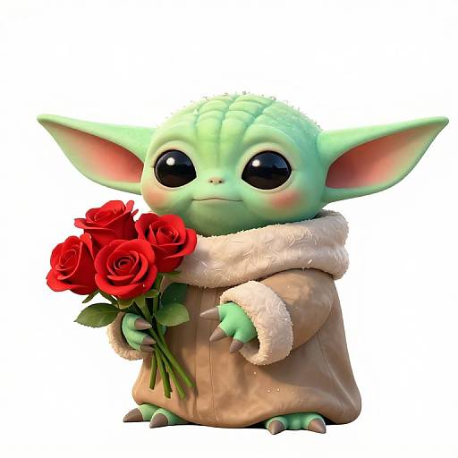 Digital illustration of a cute, green, big-eyed Gungan-like creature with large ears, wearing a beige fur-trimmed coat, holding a bouquet