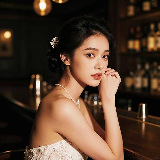 Photograph of an Asian woman with black hair in an updo, wearing a white, beaded strapless dress, pearl necklace, and floral hair