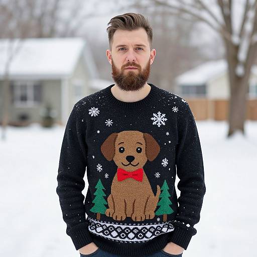Photograph of bearded man with brown hair, wearing black Christmas sweater with brown dog and green trees, standing in snowy yard.