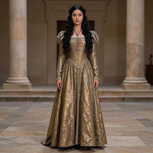 Photograph of a dark-haired woman in a gold, ornately embroidered, medieval-style gown with puffed sleeves, standing in a grand, columned