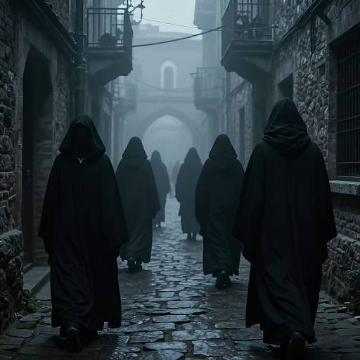 Mysterious, hooded figures in dark robes walk down a foggy, cobblestone alleyway between stone buildings, leading towards an arched,