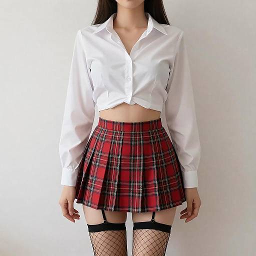 Woman in White Shirt and Red Plaid Miniskirt