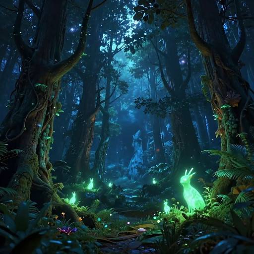 Magical forest at night, illuminated by glowing green fireflies, surrounded by towering trees and dense foliage, with a mystical blue glow in the background.