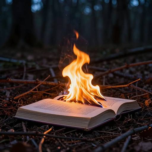 Photograph of an open book with flames burning atop it, set on a forest floor with scattered twigs and leaves.