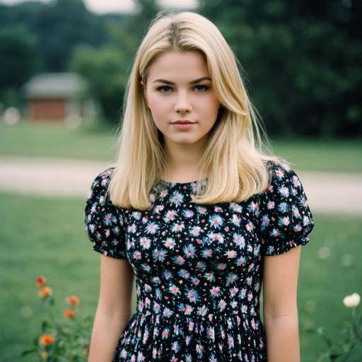 Young Blonde Woman in Floral Dress Outdoors