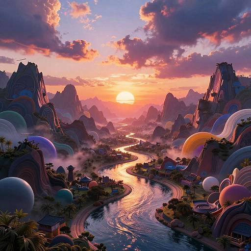 Digital art of a vibrant, surreal sunset over a fantastical landscape with colorful, dome-shaped structures, towering rock formations, and a winding river reflecting the