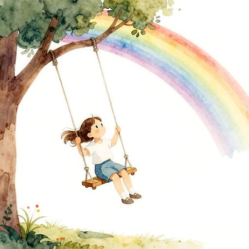 Whimsical Girl Swinging Under Rainbow
