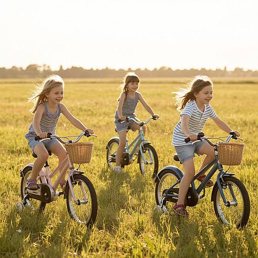 Photograph of three young girls riding bicycles in a sunlit, golden grassy field, wearing casual summer clothes, with wicker baskets.
