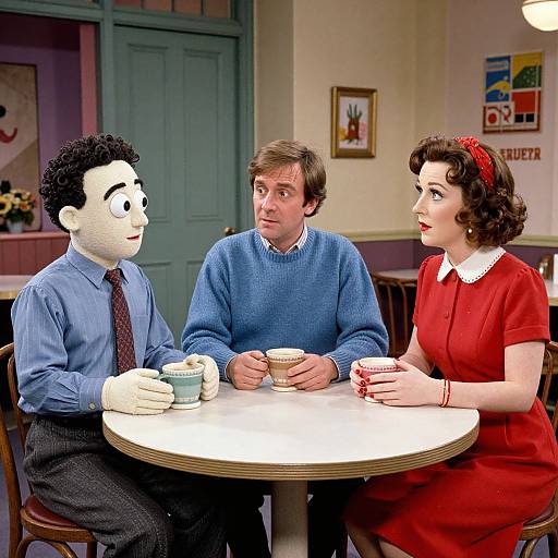 Photograph-style digital illustration: 1950s-themed diner with a puppet man in blue, a man in blue sweater, and a woman in red