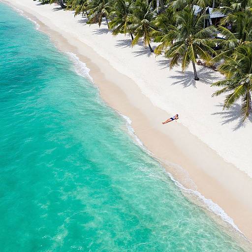 Aerial photograph of a turquoise ocean meeting a white sandy beach lined with green palm trees, featuring a lone person in a red kayak.