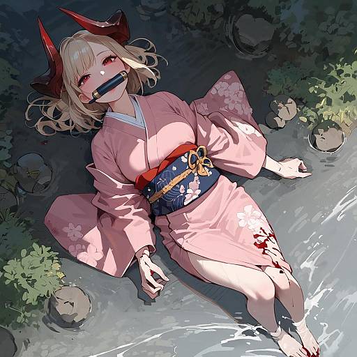 Horned Girl in Bloodied Pink Kimono