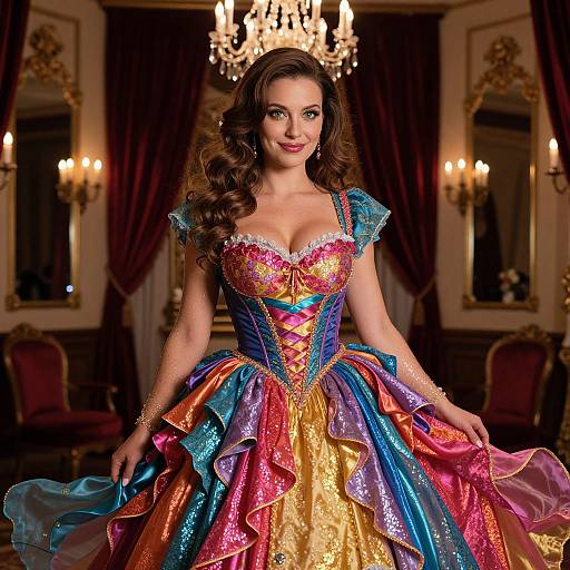 Photograph of a beautiful woman with long brown hair, wearing a vibrant, multicolored, glittery princess dress with puffed sleeves, standing in