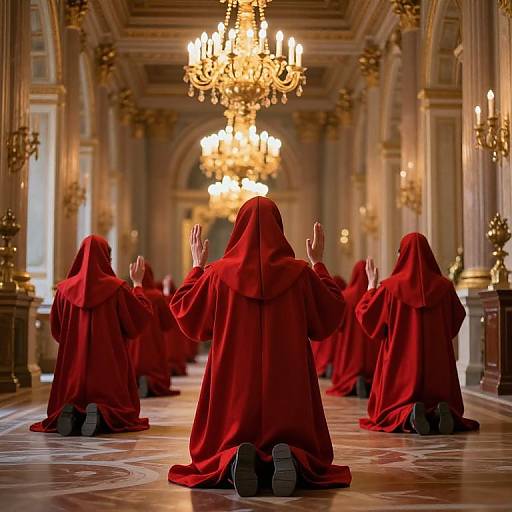 Silent Nobles Praying in Crimson Robes