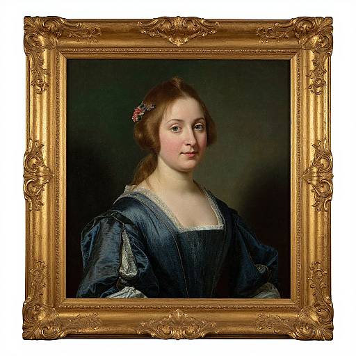 Classical portrait of a fair-skinned woman with brown hair, wearing a dark blue dress with lace, in an ornate gold frame.
