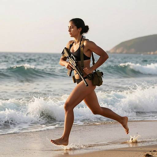 Energetic Israeli Female Soldier on Beach