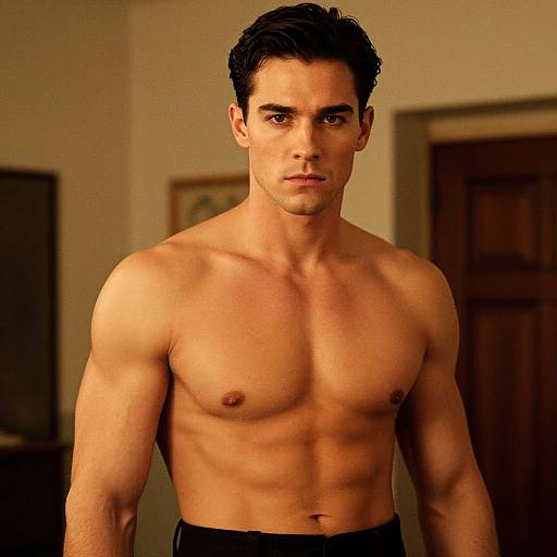 Photograph of a muscular, shirtless man with short dark hair, defined abs, and serious expression, standing in a warmly lit room.