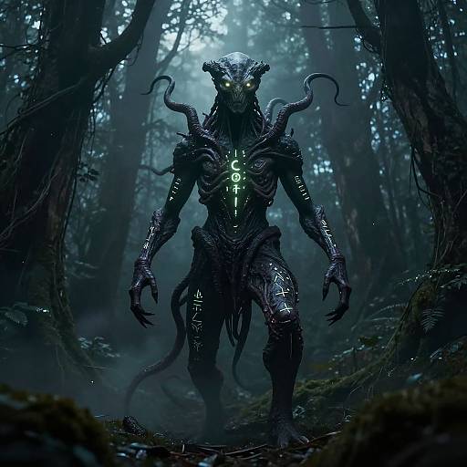 Digital artwork of a dark, twisted, humanoid creature with glowing green eyes, intricate black carvings, and curled horns, standing in a foggy