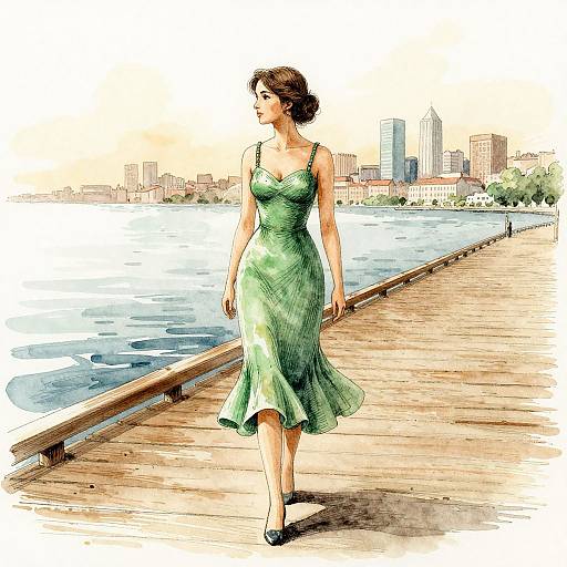 Digital illustration of a brunette woman in a green sundress walking on a wooden pier with a city skyline and water in the background.