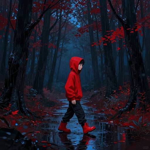Mysterious Boy in Rainy Red Forest