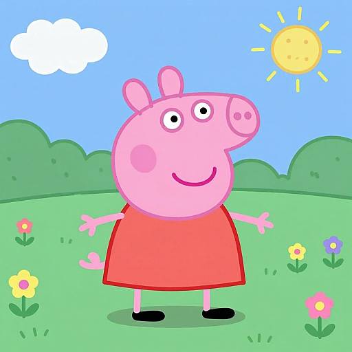 Cartoon pink pig in red dress standing in green field with flowers, blue sky, sun, and cloud. Bright, cheerful illustration.