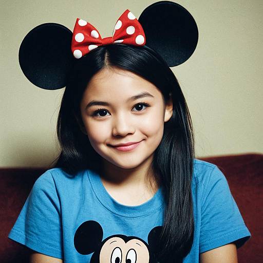 Photograph of an Asian girl with long black hair, wearing a blue Minnie Mouse t-shirt and black Minnie Mouse ears with a red polka