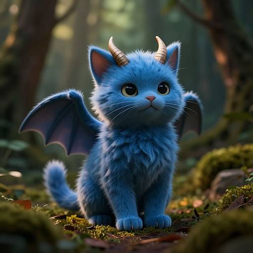 Digital painting of a blue, fluffy kitten with small horns and bat wings, sitting in a forest. Bright eyes, soft fur, and moss-covered ground