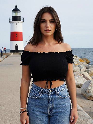 Photograph of a young woman with long brown hair, wearing a black off-shoulder crop top and high-waisted blue jeans, standing in