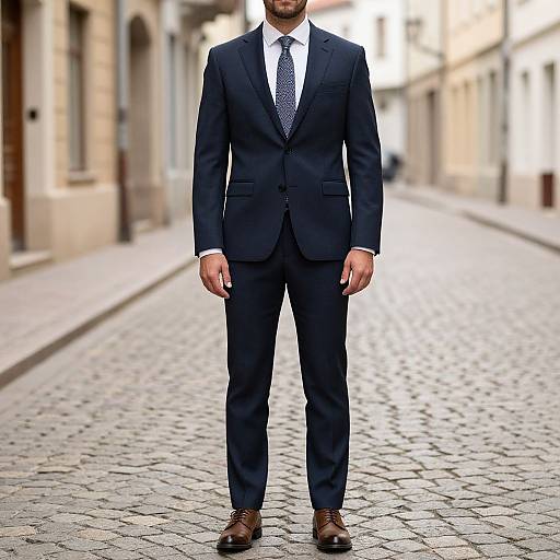 Photograph of a man in a black suit, white shirt, patterned tie, and brown shoes standing on a cobblestone street.