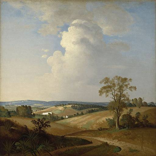 Baroque-style oil painting depicting a serene, rolling countryside with a large, fluffy cloud, distant hills, a solitary tree, and a small white farmhouse
