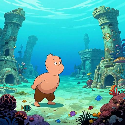 Cartoon boy with bald head and brown pants stands in vibrant underwater scene with sunken, coral-covered towers and colorful fish.