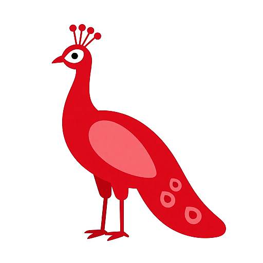 Digital illustration of a bright red peacock with simplified features, including white eyes and three small head tufts, on a white background.