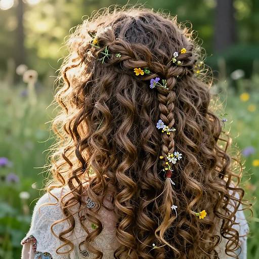 Photograph of a woman's back with long, curly brown hair, braided with small yellow and white flowers, in a sunlit, green me
