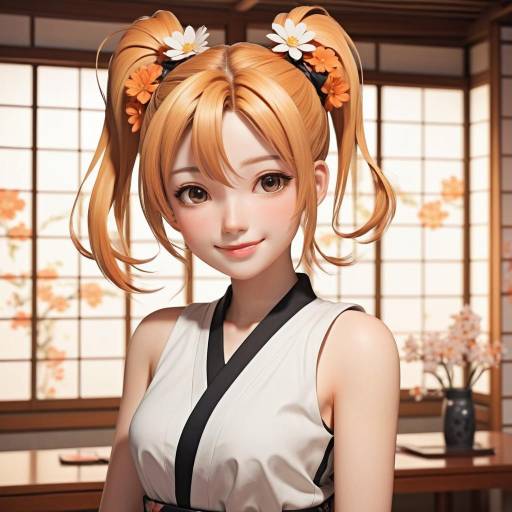 Smiling Anime Girl with Floral Hair Accessories