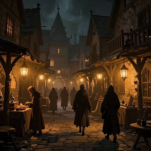 Nostalgic, dimly-lit medieval market at night; warmly glowing lanterns, silhouetted figures, stone buildings, and cob