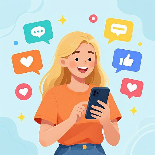 Digital illustration of a smiling blonde woman in an orange shirt, holding a blue smartphone, surrounded by colorful social media icons.