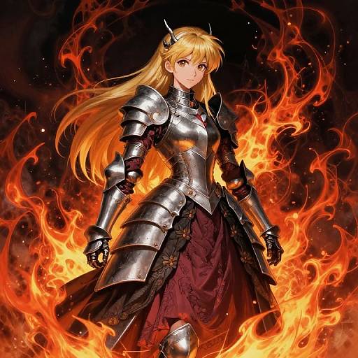 Anime-style digital illustration of a blonde, armored warrior with fiery orange flames surrounding her, wearing silver armor and a purple skirt.