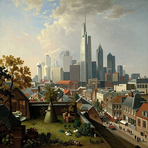 Photorealistic painting of a cityscape with a mix of old and modern buildings, tall skyscrapers, sunlit sky, and a foreground garden