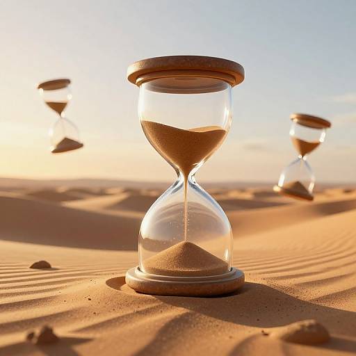 Photograph of three glass hourglasses with wooden tops, standing on golden sand dunes at sunset, casting shadows in the warm light.