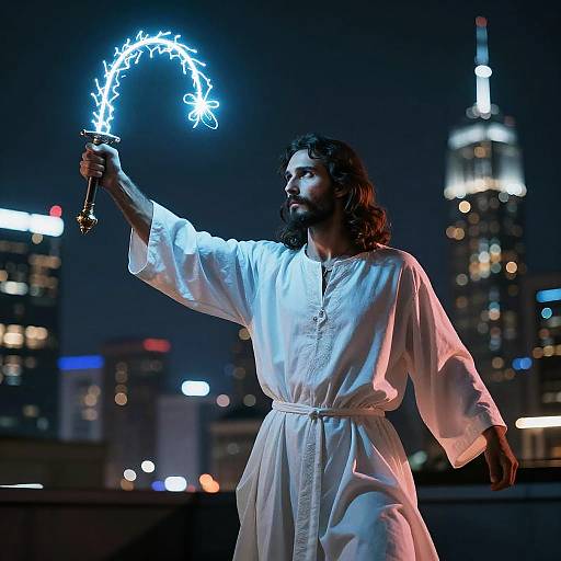 Photograph of a bearded man with long dark hair, wearing a white robe, holding a glowing, circular electric spark in a city skyline at night