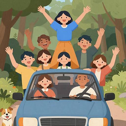 Happy Group in Blue Car in Forest