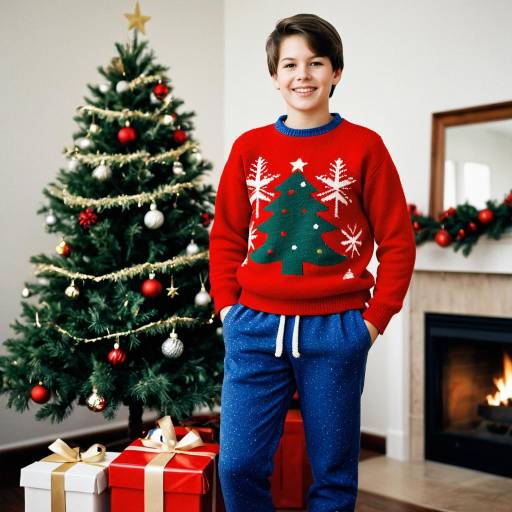 Boy in Christmas Sweater by Tree