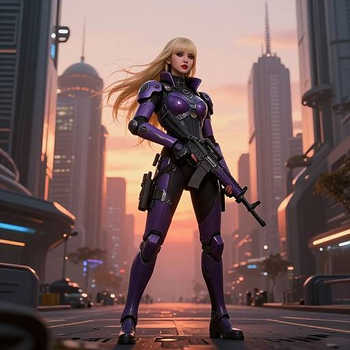 Digital artwork of a blonde woman in purple armored suit, holding a rifle, standing confidently in a futuristic cityscape at sunset.