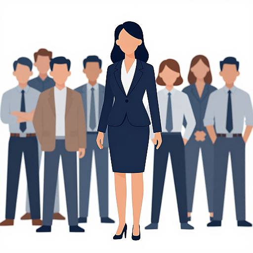 Digital illustration of a faceless woman in a navy business suit and skirt, standing front and center, surrounded by faceless men in business attire.