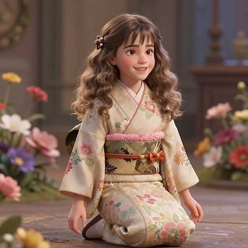 Young Girl in Floral Kimono Kneeling Among Flowers
