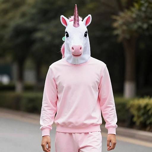 Photograph of person wearing white unicorn mask with pink accents, pink sweatshirt, and matching pants, walking on suburban street.