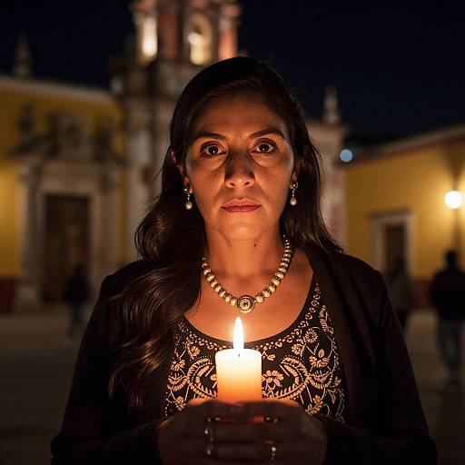 Photograph of a solemn Indian woman with long black hair, wearing a black lace top and pearl necklace, holding a lit candle in a nighttime, yellow