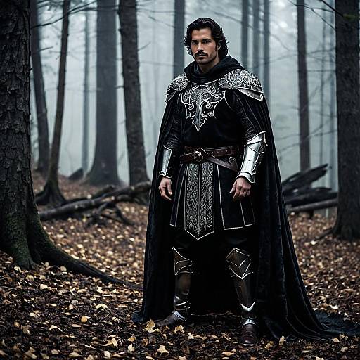 Man in Ornate Dark Medieval Armor in Misty Forest