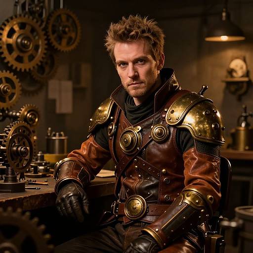 Photograph of a rugged, blond-haired man with intense eyes, wearing brown leather armor with gold shoulder plates, seated in a dimly lit, ste