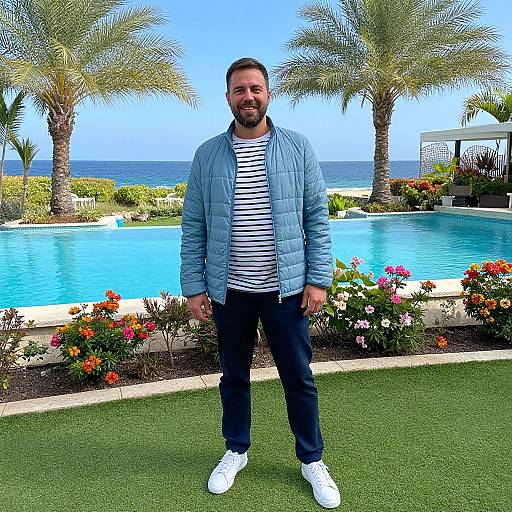 Photograph of a smiling man with a beard, wearing a blue quilted jacket, striped shirt, black pants, and white sneakers, standing in front
